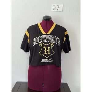 Harry Potter Hogwarts Cropped Jersey Tee XL Black Gold Wizarding World V Neck
